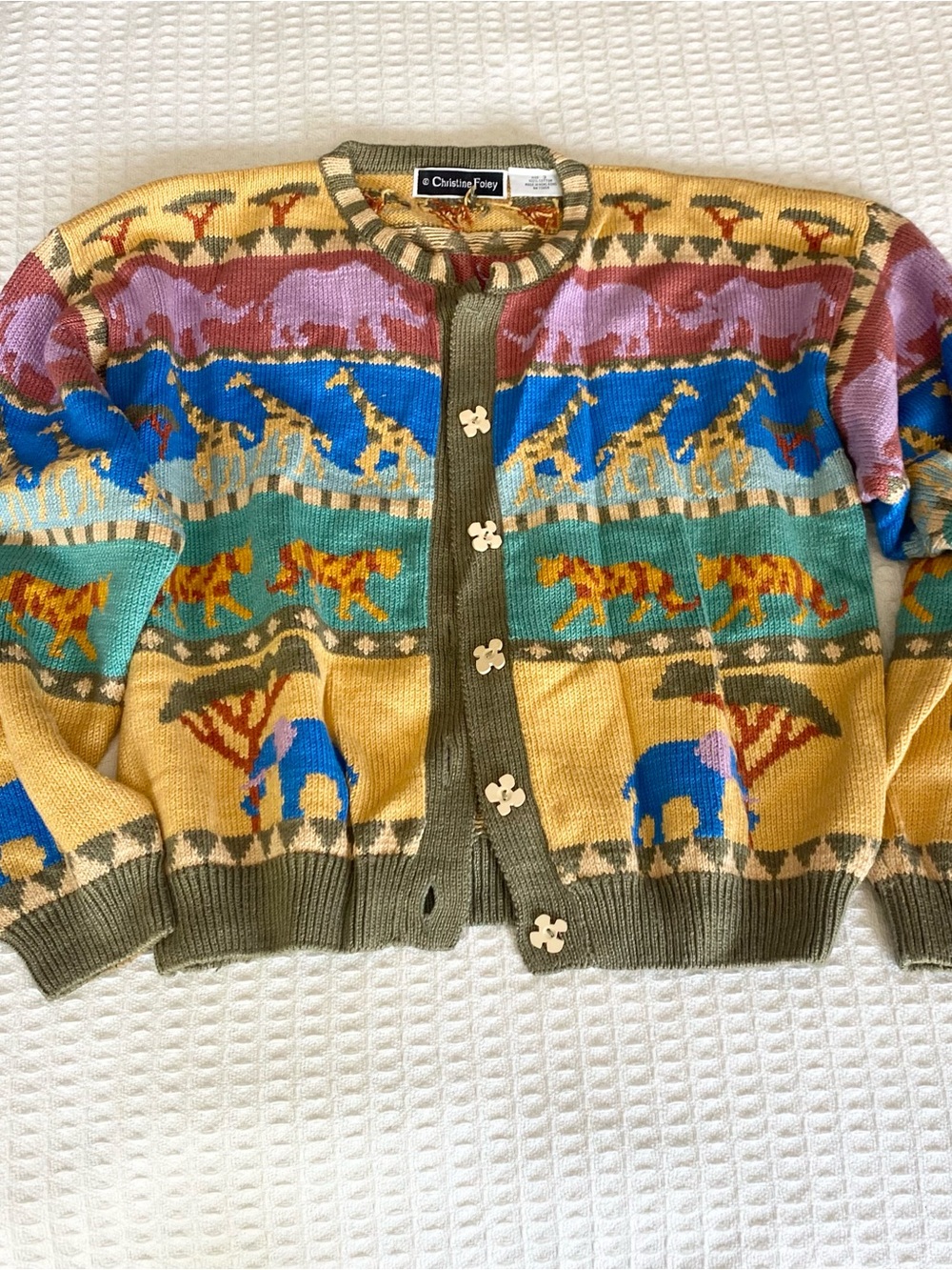 Christine Foley Multicolor Safari Animal Knit Cardigan - Olive Trim size 3